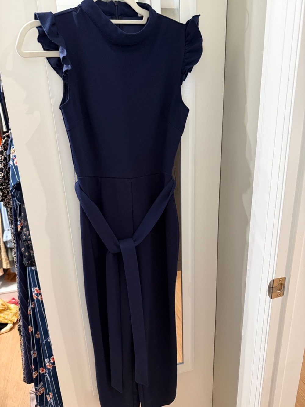 Navy Ruffle-Sleeve Midi Dress with Waist Tie